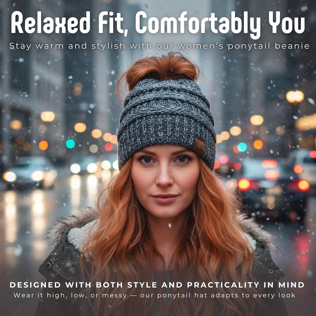 Ponytail Beanie for Women - Winter Ponyback Hat Soft Stretch Cable Knit High Pony Tail Womens Running Hats