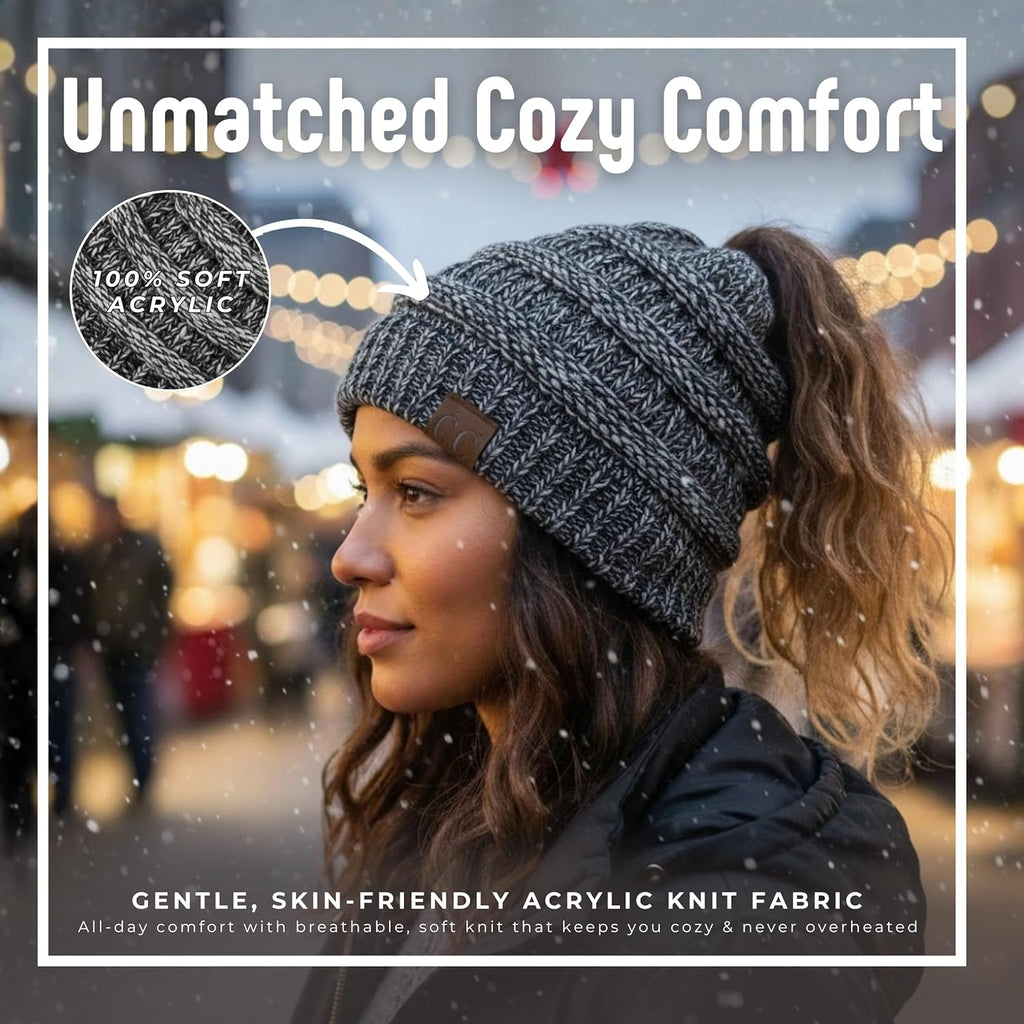 Ponytail Beanie for Women - Winter Ponyback Hat Soft Stretch Cable Knit High Pony Tail Womens Running Hats