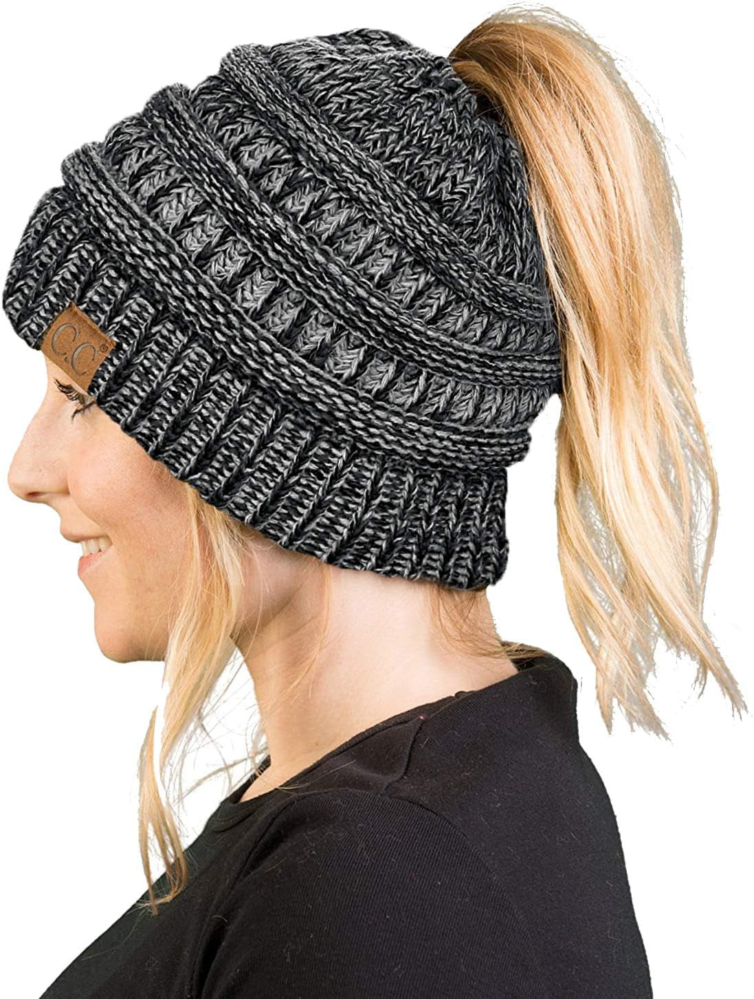 Ponytail Beanie for Women - Winter Ponyback Hat Soft Stretch Cable Knit High Pony Tail Womens Running Hats