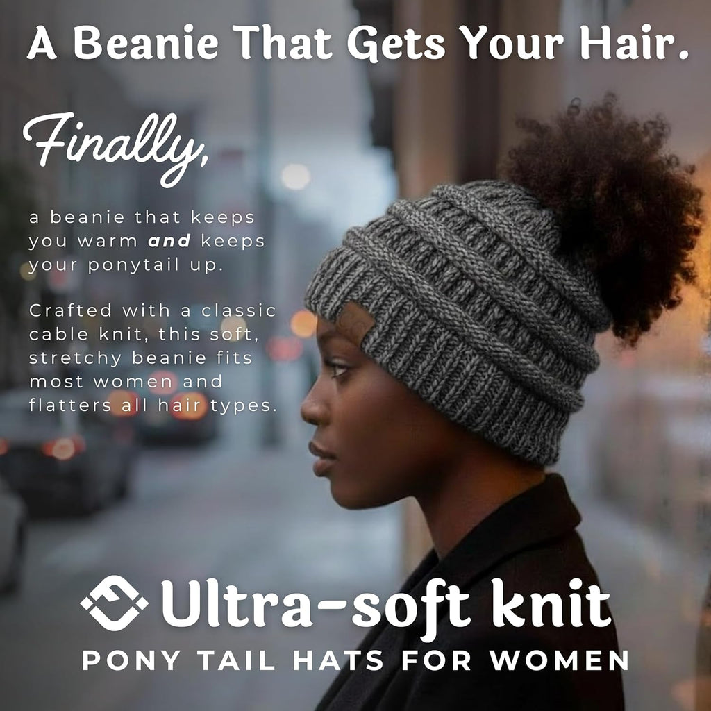 Ponytail Beanie for Women - Winter Ponyback Hat Soft Stretch Cable Knit High Pony Tail Womens Running Hats
