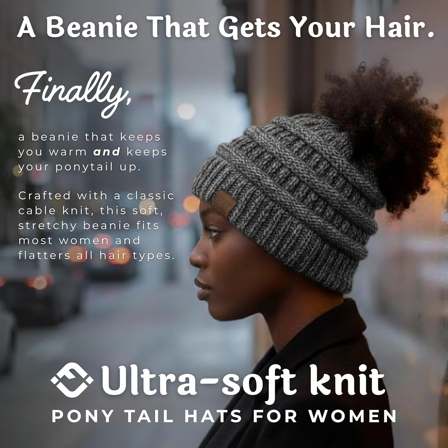 Ponytail Beanie for Women - Winter Ponyback Hat Soft Stretch Cable Knit High Pony Tail Womens Running Hats