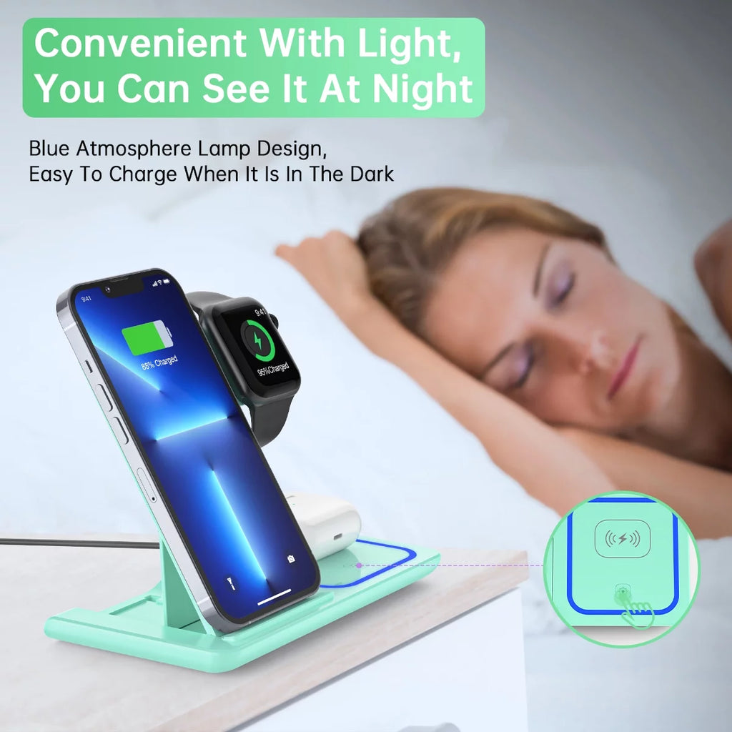 Wireless Charger, 18W 3 in 1 Wireless Charging Station for Iphone 17 16E 15 14 13 12 Pro, Fast Charger Stand for Iwatch SE 9-11 6-8 2-5, Airpods 4/3/2/Pro, Samsung Galaxy Seires (Green)