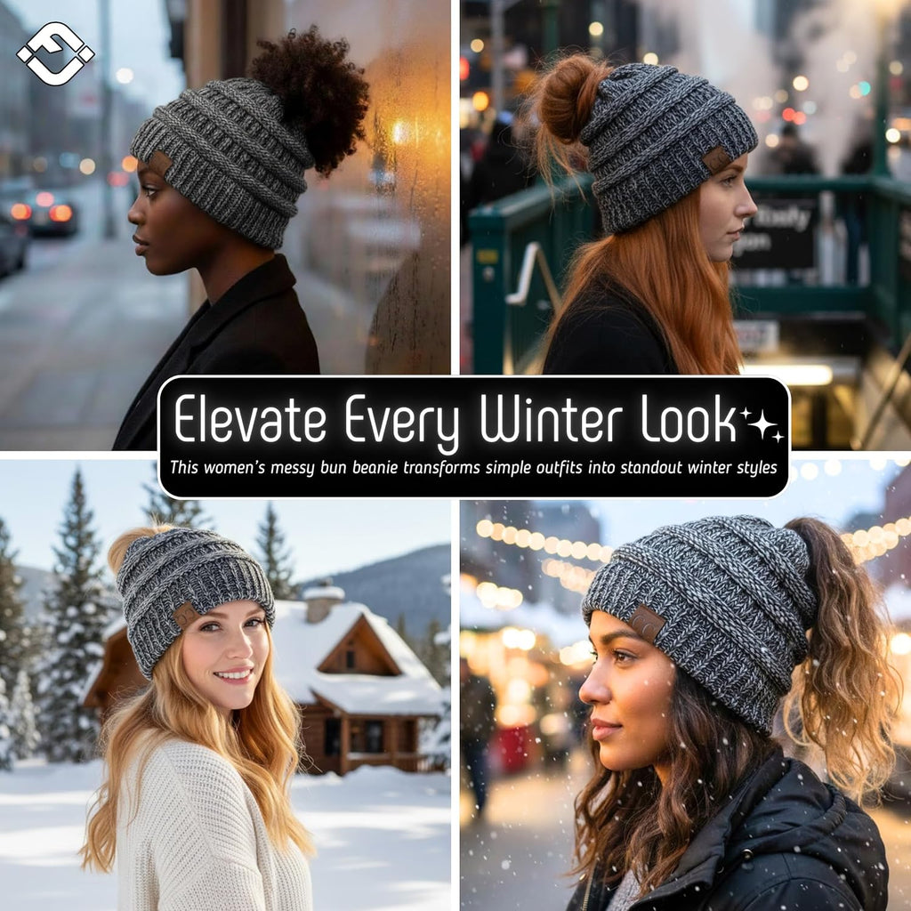 Ponytail Beanie for Women - Winter Ponyback Hat Soft Stretch Cable Knit High Pony Tail Womens Running Hats