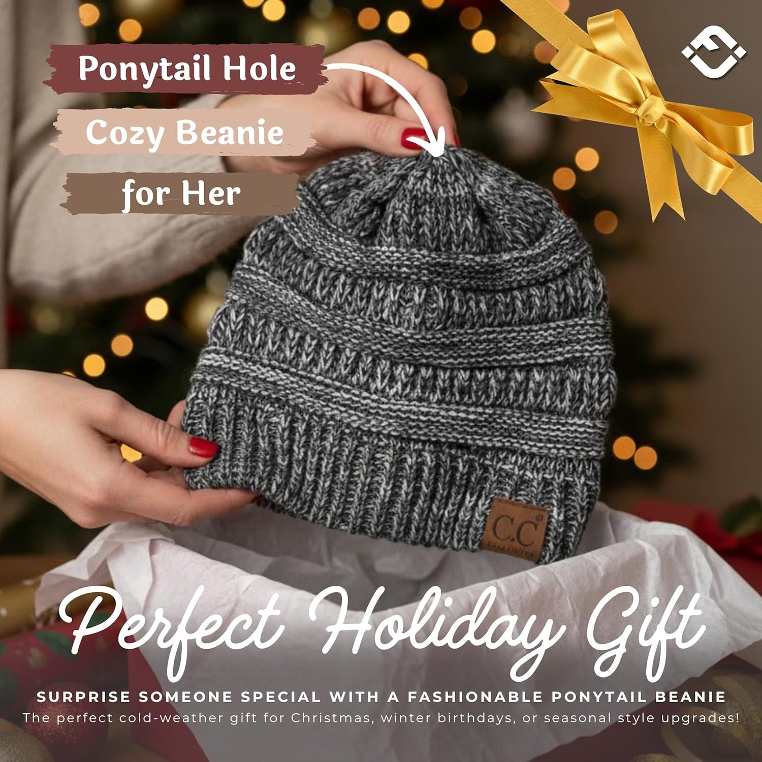 Ponytail Beanie for Women - Winter Ponyback Hat Soft Stretch Cable Knit High Pony Tail Womens Running Hats